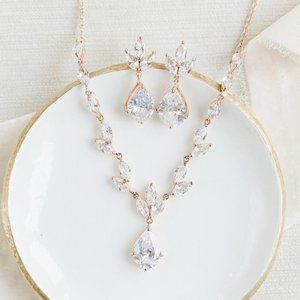 David's Bridal Rose Gold Crystal Earrings & Necklace set NWT